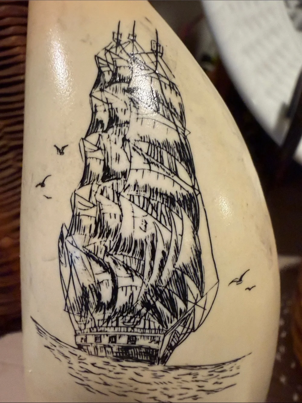 Nantucket Ivory Decorative Clock with Sailing Ship Whale scrimshaw by Joe Luiz